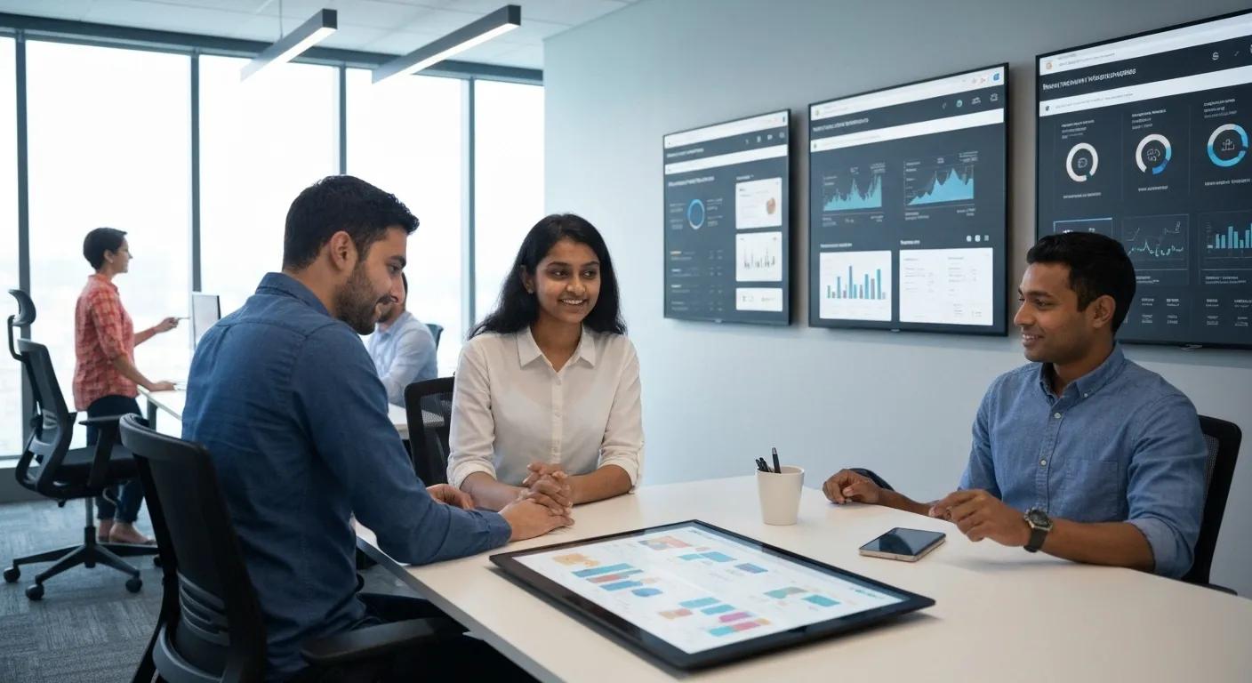 Group of professionals collaborating in a modern office, discussing data analytics on digital screens and a tablet, representing smart website development and AI-driven solutions.