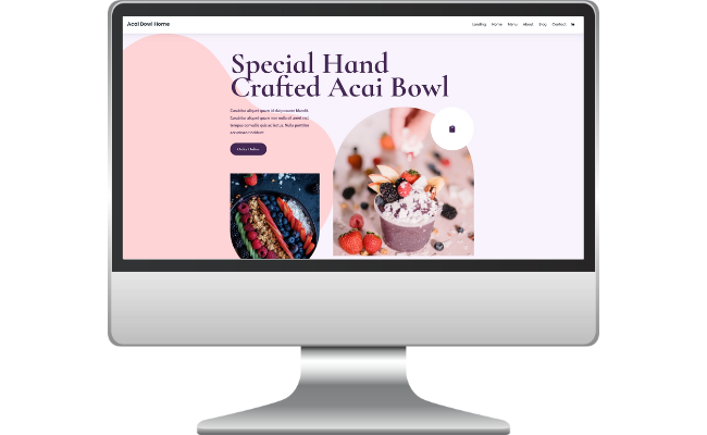 Acai Website Desktop display of a website featuring a special hand-crafted acai bowl, showcasing vibrant images of acai bowls with fruits and toppings, emphasizing customization and appealing design elements.