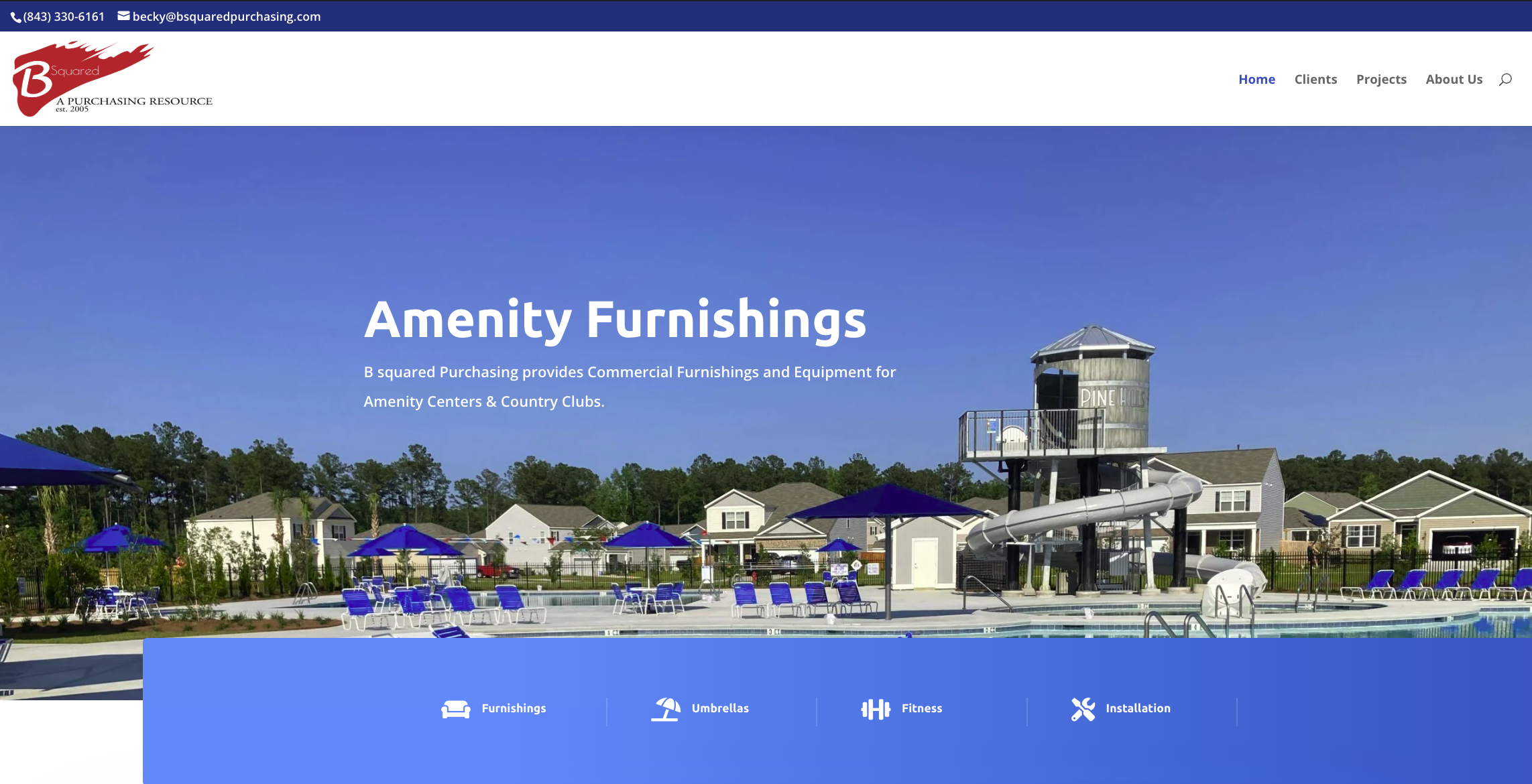 Commercial amenity furnishings and equipment for country clubs and amenity centers, featuring a pool area with blue lounge chairs and umbrellas, alongside a water slide and nearby buildings.