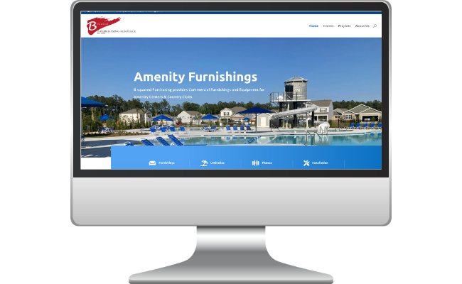 B squared Purchasing website Website homepage of B Squared Purchasing showcasing "Amenity Furnishings," featuring a pool area with lounge chairs and a modern clubhouse, emphasizing commercial furnishings for communities and country clubs.