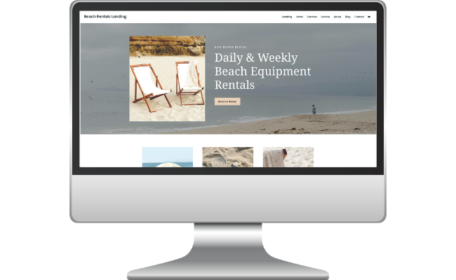 Beach Rental Website Beach rental website design featuring text "Daily & Weekly Beach Equipment Rentals," with images of beach chairs and scenic coastal background, illustrating user-friendly interface and rental offerings.