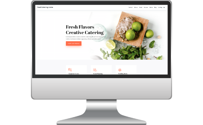 Catering Website Desktop computer displaying a catering website homepage featuring fresh ingredients, including limes and mint, with the text "Fresh Flavors Creative Catering" prominently visible.