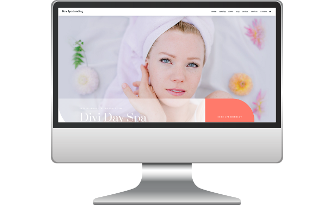 Day Spa Website Woman with a towel on her head, showcasing a serene expression on a website for Divi Day Spa, featuring a clean design with floral accents and a focus on wellness services.