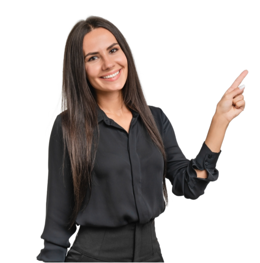 Smiling woman in a black blouse pointing, representing digital marketing services and encouraging users to explore personalized website performance reports.