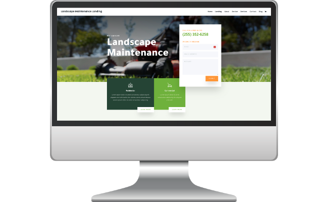 Landscaping Website Desktop computer displaying a landscape maintenance website with contact information, service options, and a modern design, emphasizing user-friendly navigation and customization features.