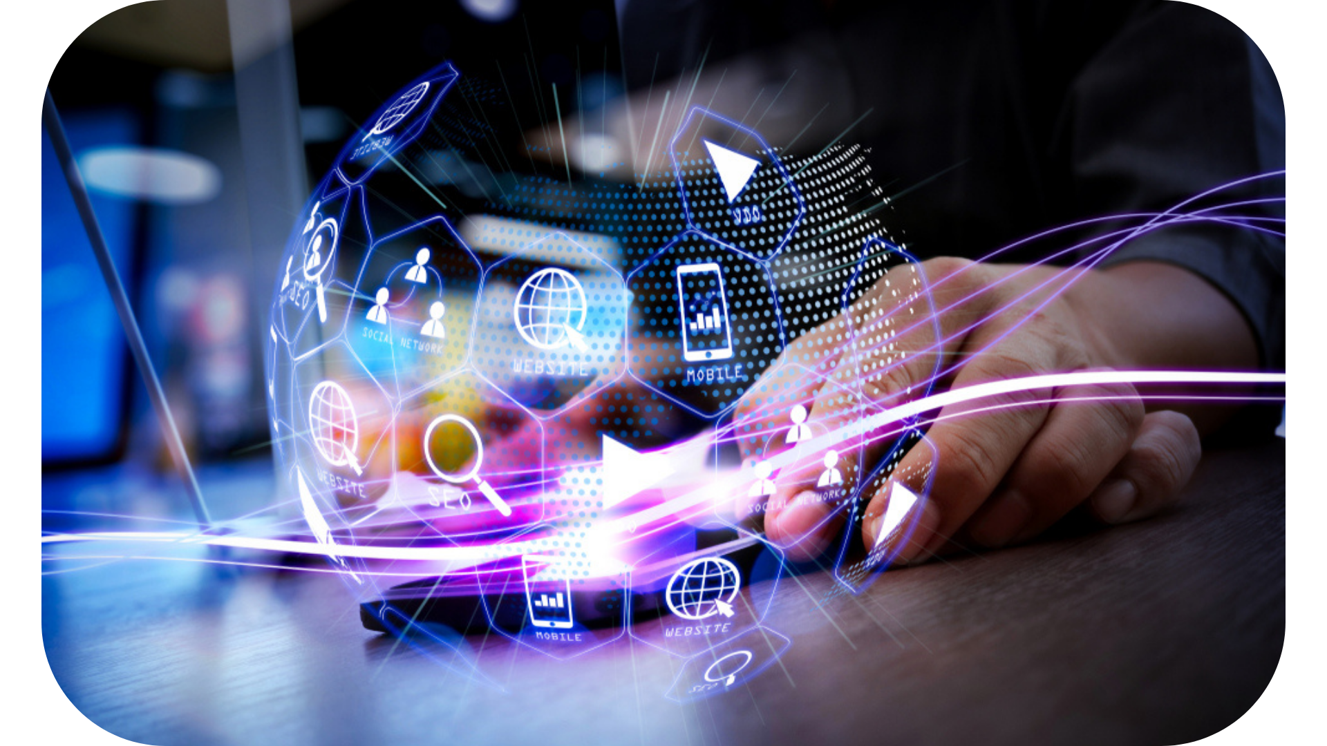 Hand interacting with a digital globe featuring icons for SEO, website, mobile, and social networks, representing AI-driven business solutions and smart technology integration.