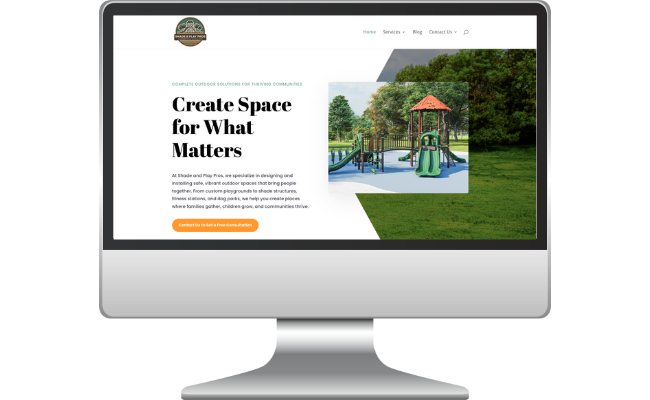 Shade and Play Pros Website Outdoor playground design displayed on a computer screen, featuring vibrant play equipment and greenery, emphasizing community space creation and outdoor solutions.