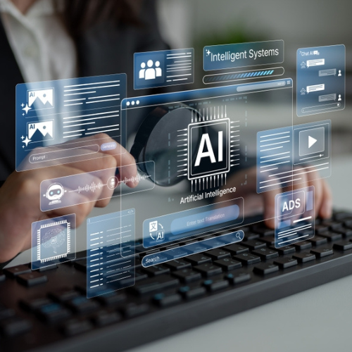 Business professional interacting with a keyboard, surrounded by digital icons and interfaces representing AI automation, intelligent systems, and smart solutions for enhancing business efficiency and growth.