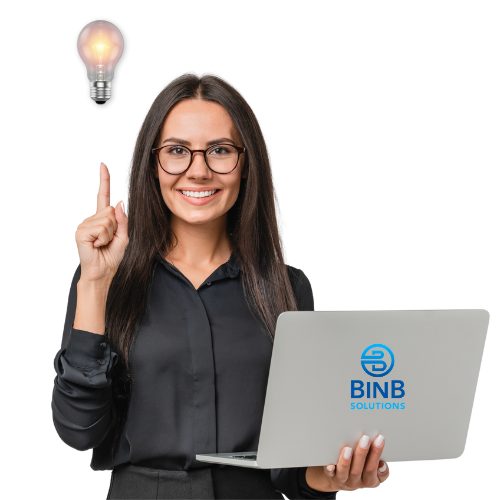 Woman with laptop and light bulb above her head, representing innovative ideas and solutions from BinB Solutions, a creative agency focused on business growth and efficiency.