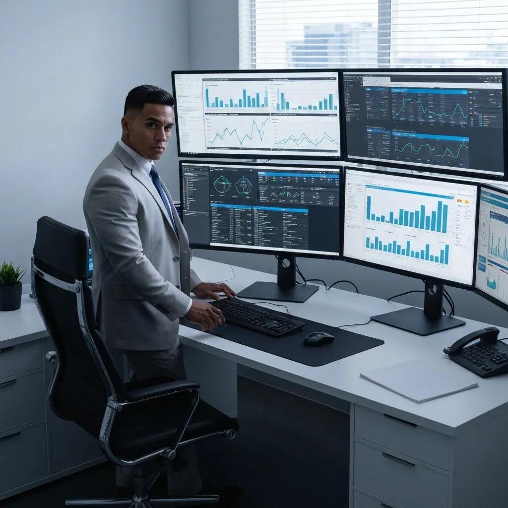 Business professional managing complex CRM and ERP data on multiple monitors in a modern workspace, illustrating the importance of dedicated administration for system optimization.