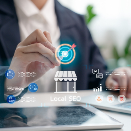 Person in business attire interacting with digital icons representing local SEO strategies, including a storefront, analytics, and social engagement tools, emphasizing BinB Solutions' focus on optimizing Google Business Pages for enhanced visibility and customer engagement.
