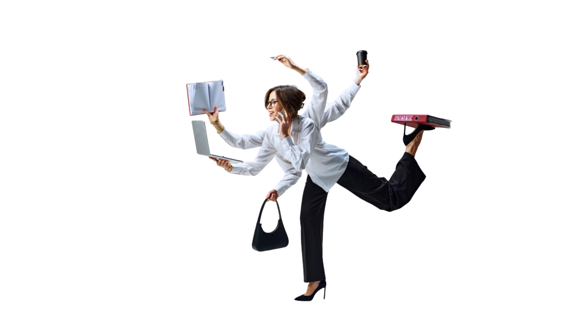 Woman multitasking with a laptop, notebook, coffee cup, and binder, symbolizing efficiency and productivity for business solutions.
