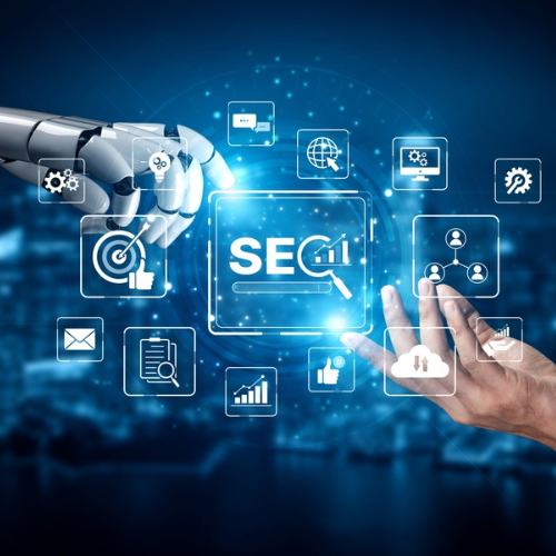 Robot hand reaching towards a human hand, surrounded by digital icons representing SEO tools and analytics, emphasizing AI integration in Smart SEO services for business growth and visibility.