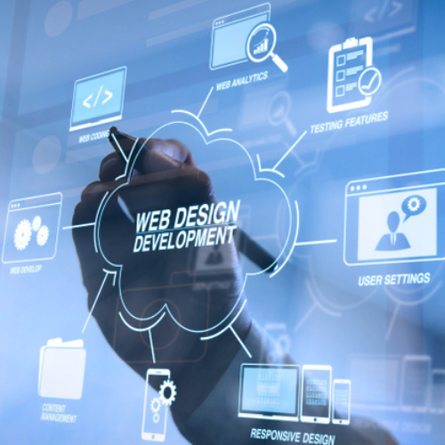 Hand interacting with a touchscreen displaying web design and development concepts, including web coding, web analytics, user settings, and responsive design, illustrating smart website creation for business growth and efficiency.
