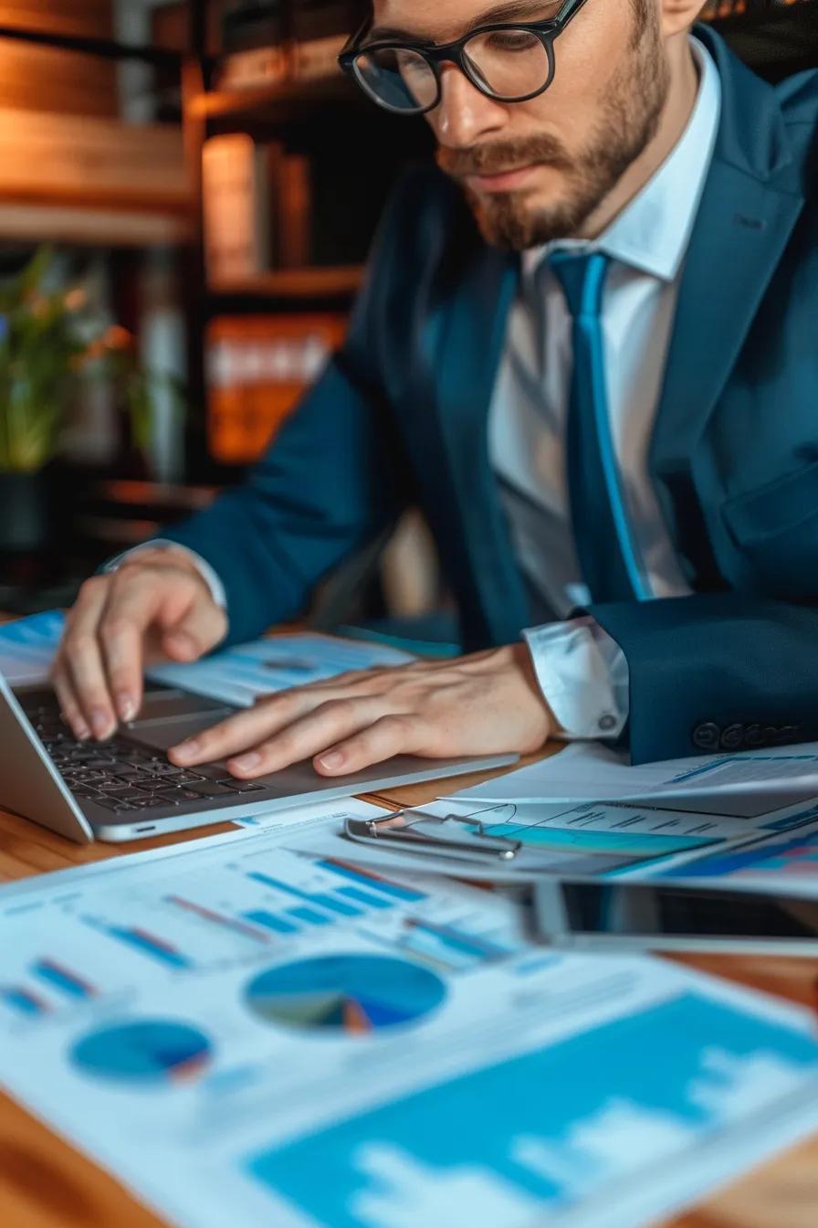 Expert meticulously reviewing website SEO metrics for strategic business growth