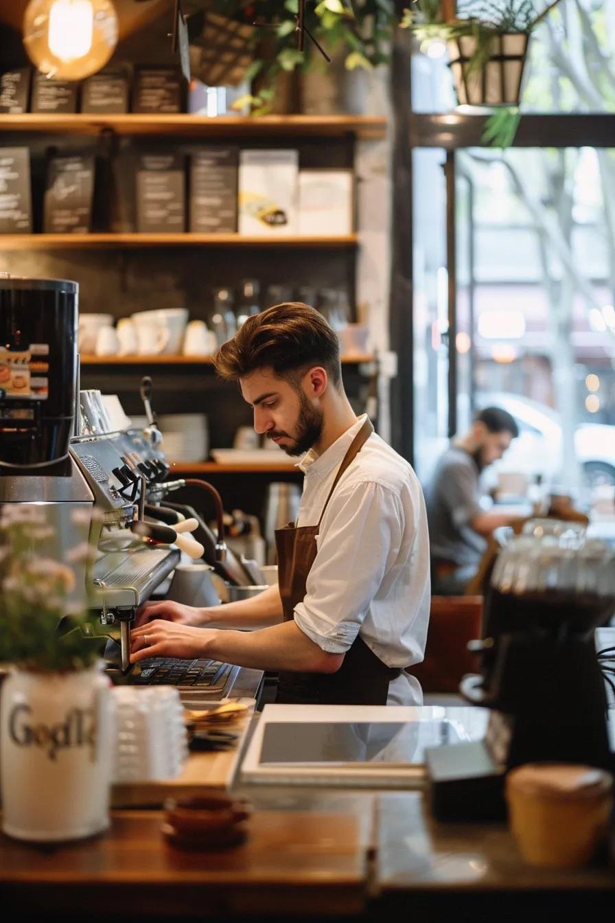 Business owner setting up Google Business Profile in a coffee shop