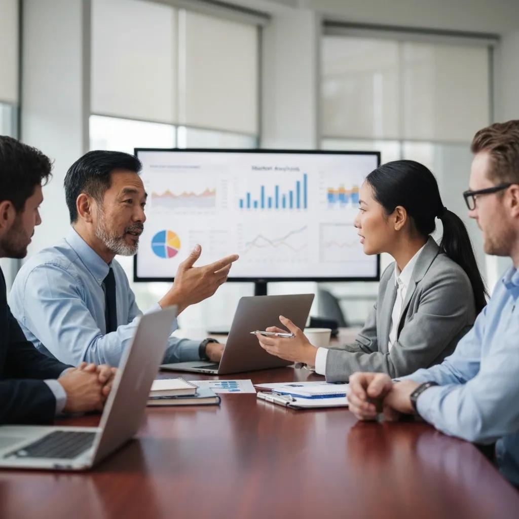 Business professionals collaborating on market analysis in a modern office