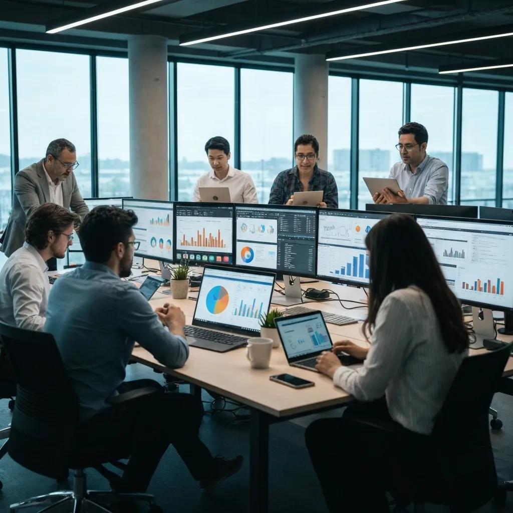 Professionals collaborating in a modern office, analyzing AI-powered SEO strategies on multiple screens, showcasing data analytics and charts for business growth.