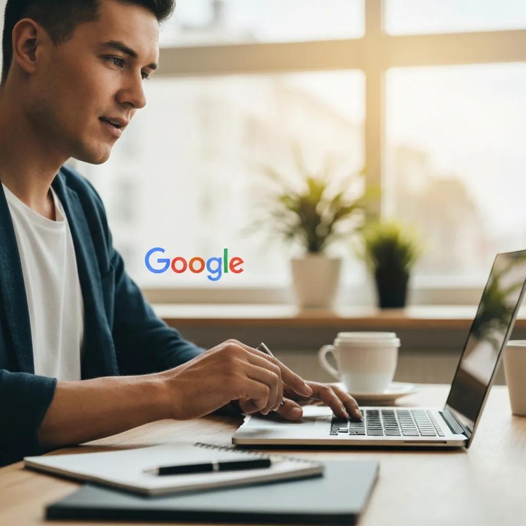 Business owner optimizing Google Business Profile on a digital device in a modern office setting