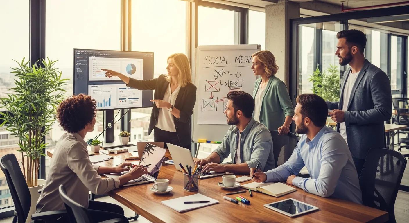 A diverse group of professionals collaborating on social media content in a modern office, highlighting teamwork and creative synergy